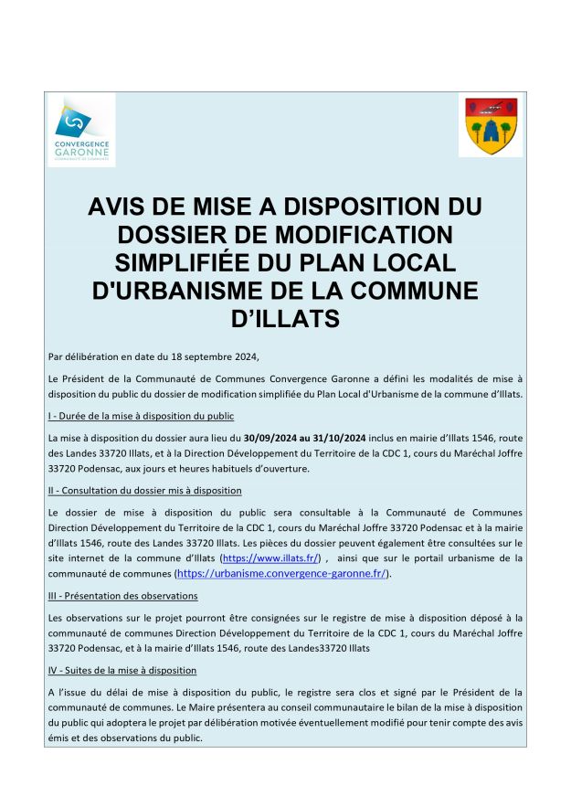 Avis de mise à disposition du public du dossier de modification simplifiée du PLU d'Illats